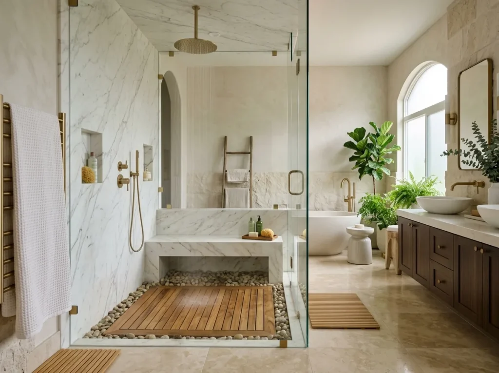 Modern walk in shower ideas with glass enclosure, luxury tiles, rainfall showerhead, and relaxing spa-inspired bathroom decor