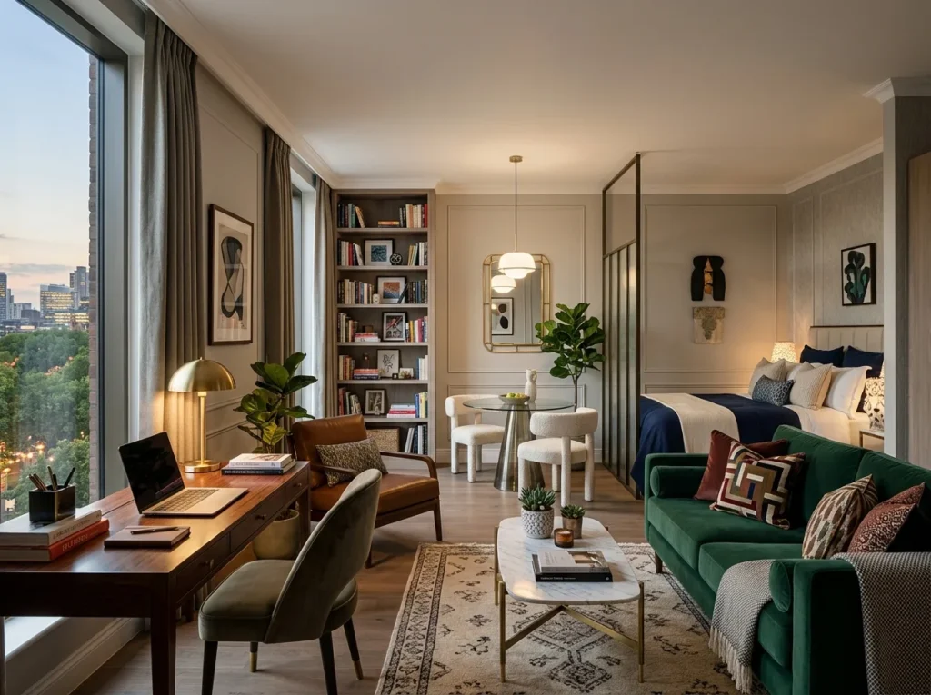 Cozy college apartment decor ideas with stylish furniture, warm lighting, aesthetic wall decor, and smart storage for student living spaces
