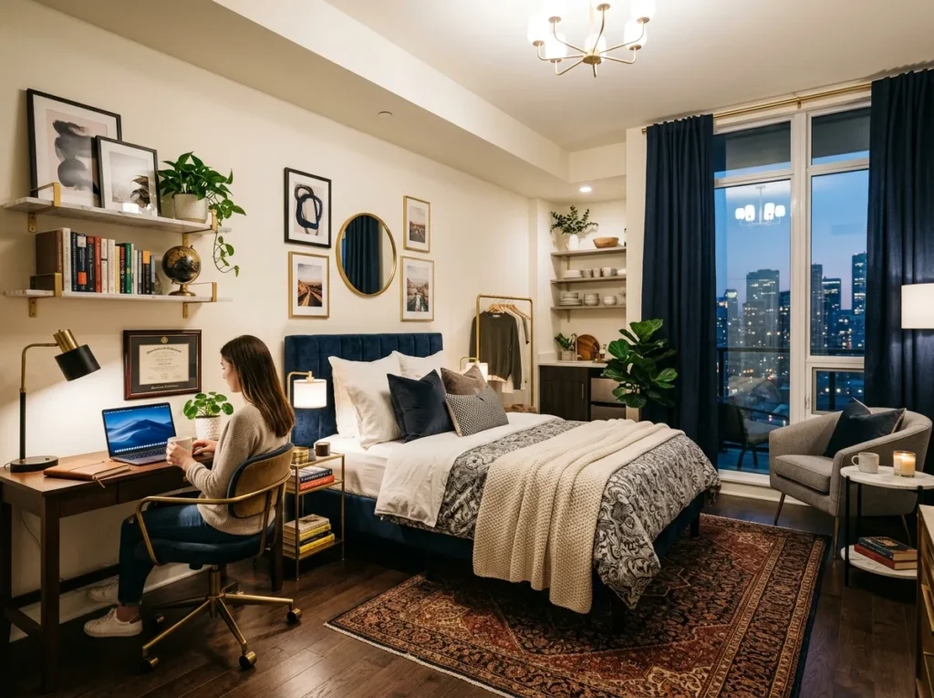 Cozy college apartment decor ideas with stylish furniture, warm lighting, aesthetic wall decor, and smart storage for student living spaces