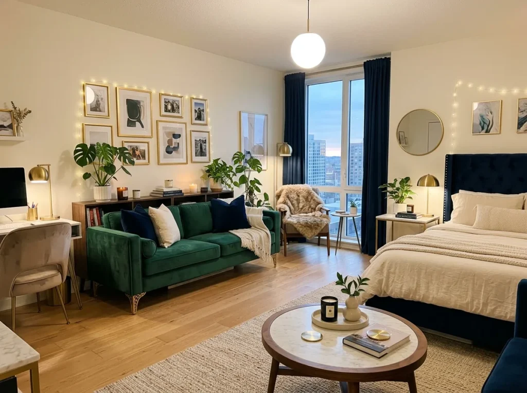 Cozy college apartment decor ideas with stylish furniture, warm lighting, aesthetic wall decor, and smart storage for student living spaces