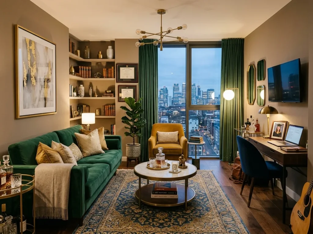 Cozy college apartment decor ideas with stylish furniture, warm lighting, aesthetic wall decor, and smart storage for student living spaces