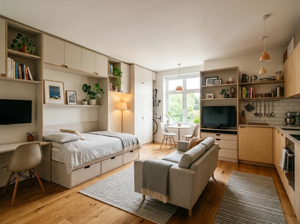 bright living room with smart small space storage solutions including shelves and ottomans