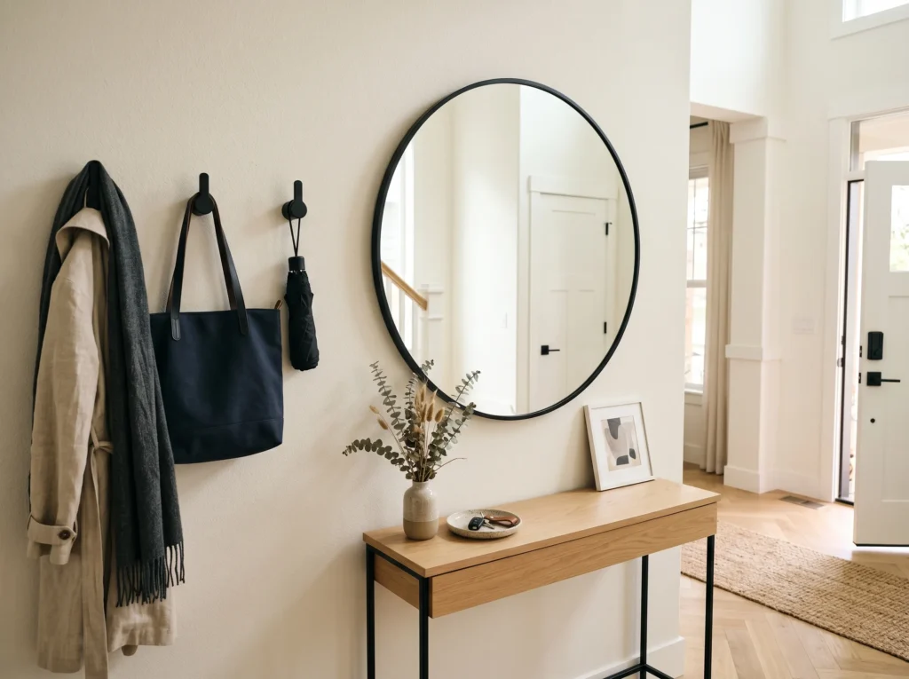 entryway decor ideas with stylish console table, mirror, plants, and warm lighting creating a welcoming home entrance
