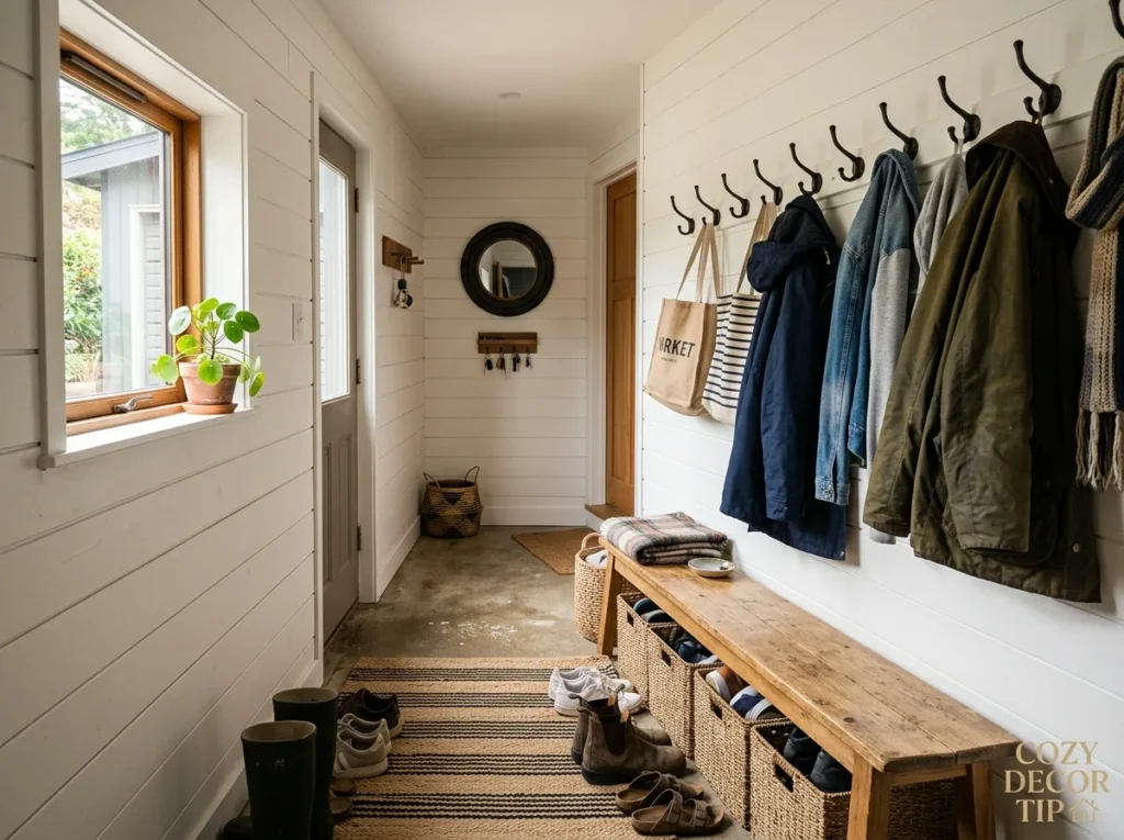 Tiny garage entry makeover with smart mudroom ideas, storage bench, wall hooks, baskets, and stylish organization for a small functional entryway.