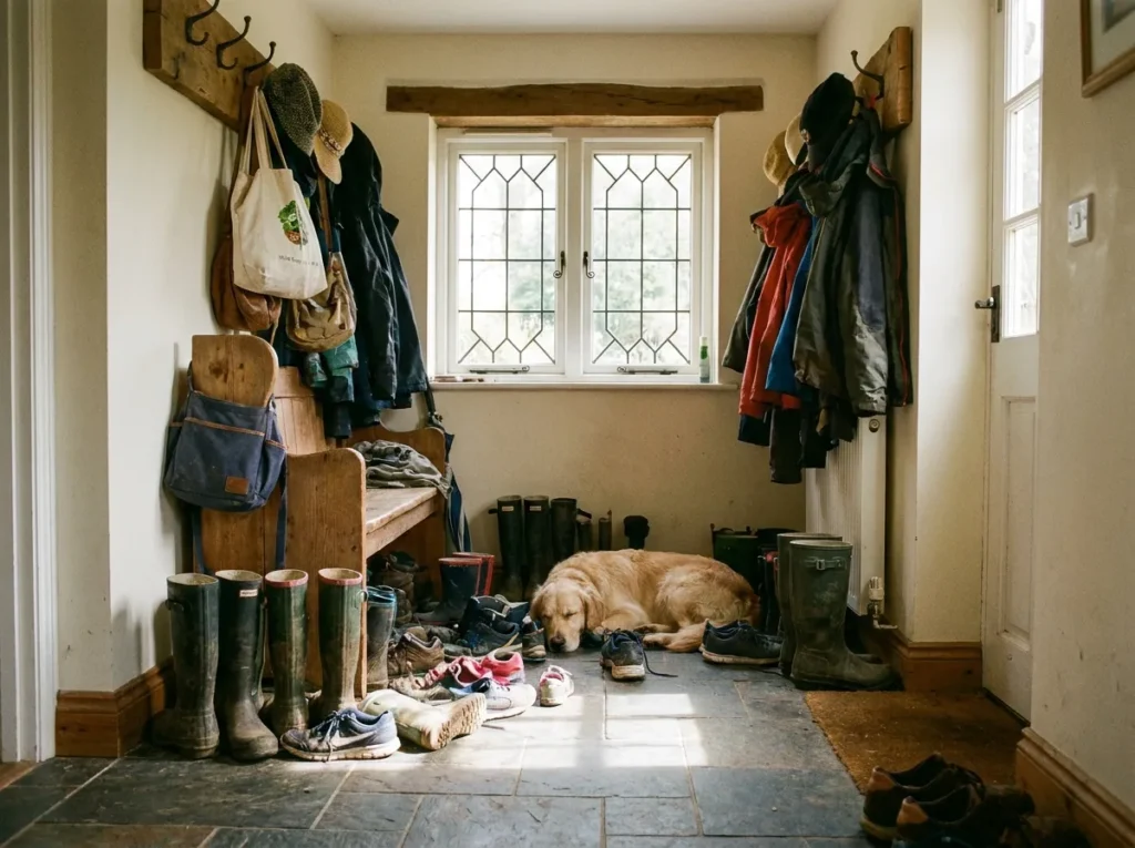 Tiny garage entry makeover with smart mudroom ideas, storage bench, wall hooks, baskets, and stylish organization for a small functional entryway.