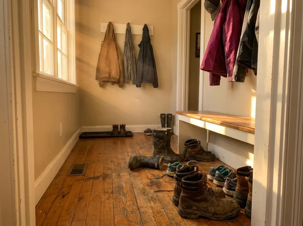 Tiny garage entry makeover with smart mudroom ideas, storage bench, wall hooks, baskets, and stylish organization for a small functional entryway.