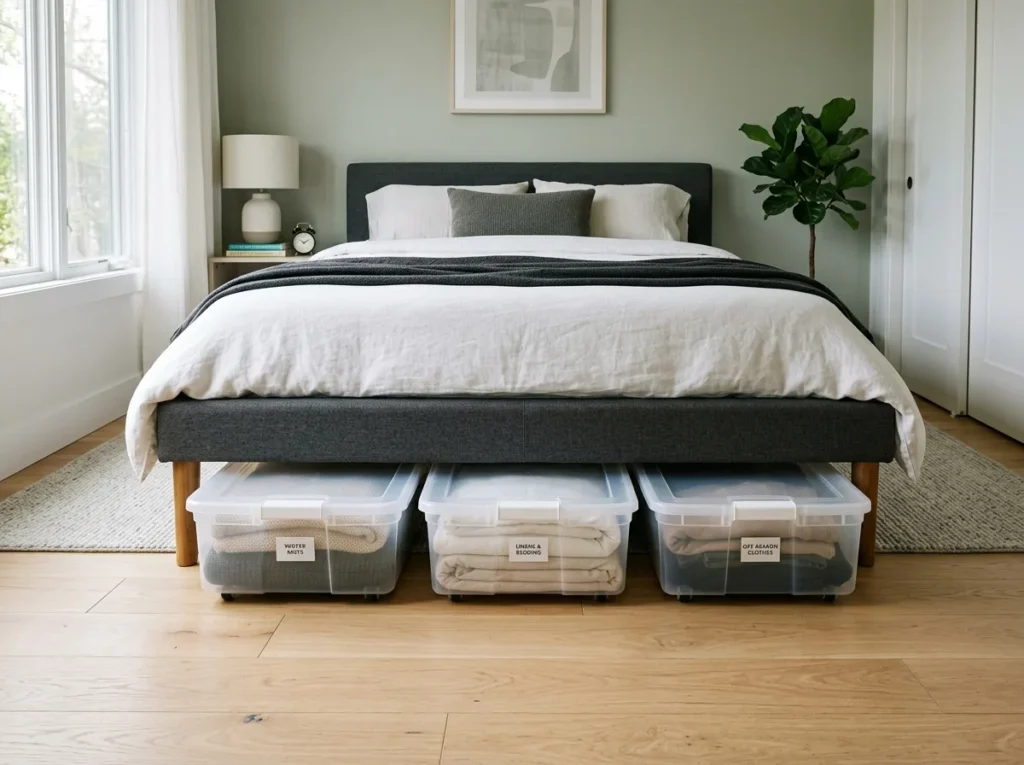 flat rolling storage containers under a bed in a small bedroom