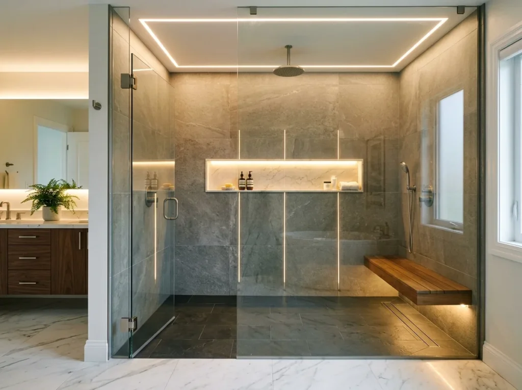 Modern walk in shower ideas with glass enclosure, luxury tiles, rainfall showerhead, and relaxing spa-inspired bathroom decor