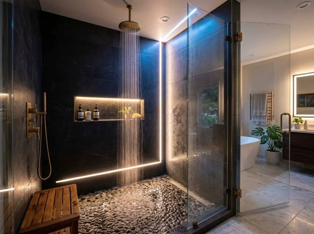 Modern walk in shower ideas with glass enclosure, luxury tiles, rainfall showerhead, and relaxing spa-inspired bathroom decor