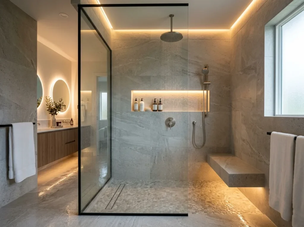 Modern walk in shower ideas with glass enclosure, luxury tiles, rainfall showerhead, and relaxing spa-inspired bathroom decor