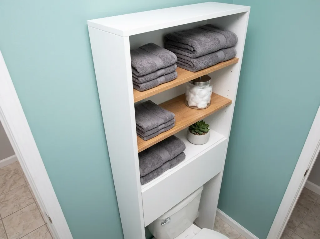 small bathroom with over-toilet shelving and wall-mounted storage solutions