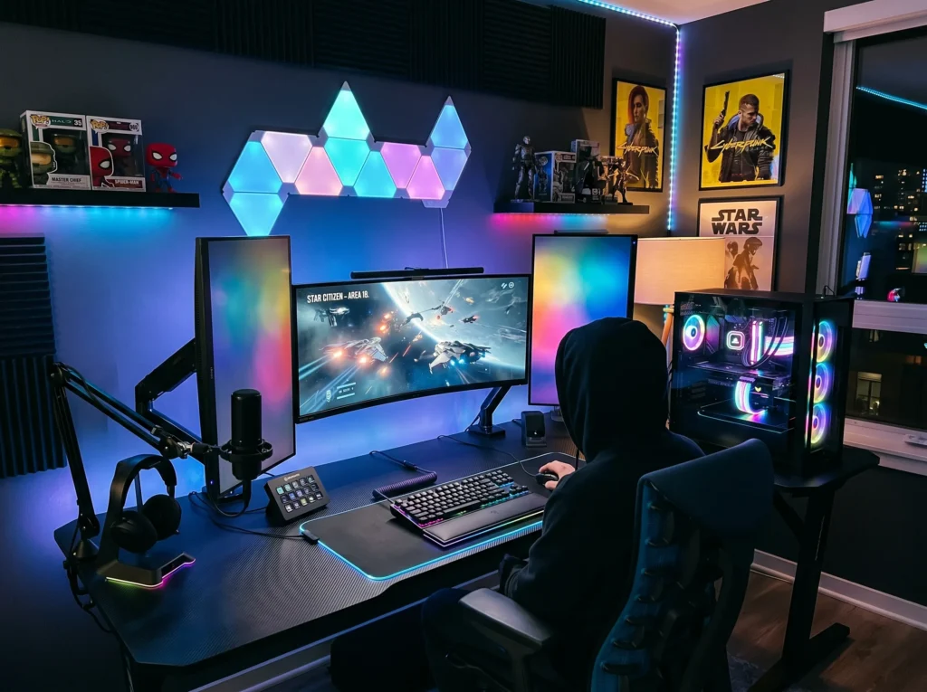 gaming room setup ideas with LED lights, modern desk, dual monitors and stylish gaming decor for an epic gaming space