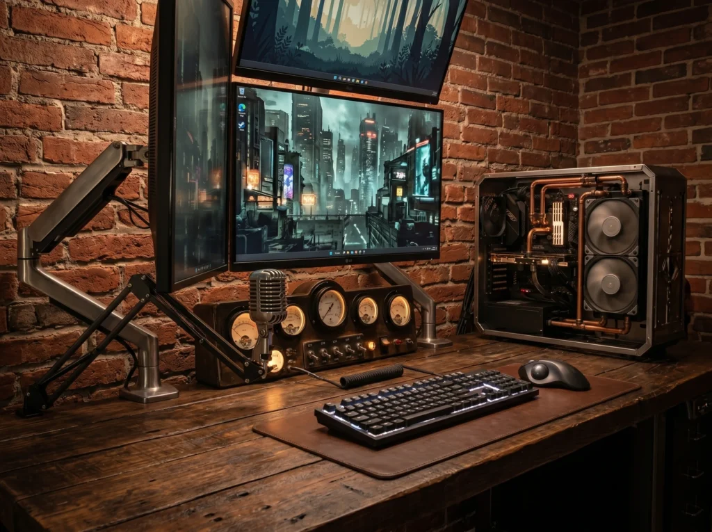 gaming room setup ideas with LED lights, modern desk, dual monitors and stylish gaming decor for an epic gaming space