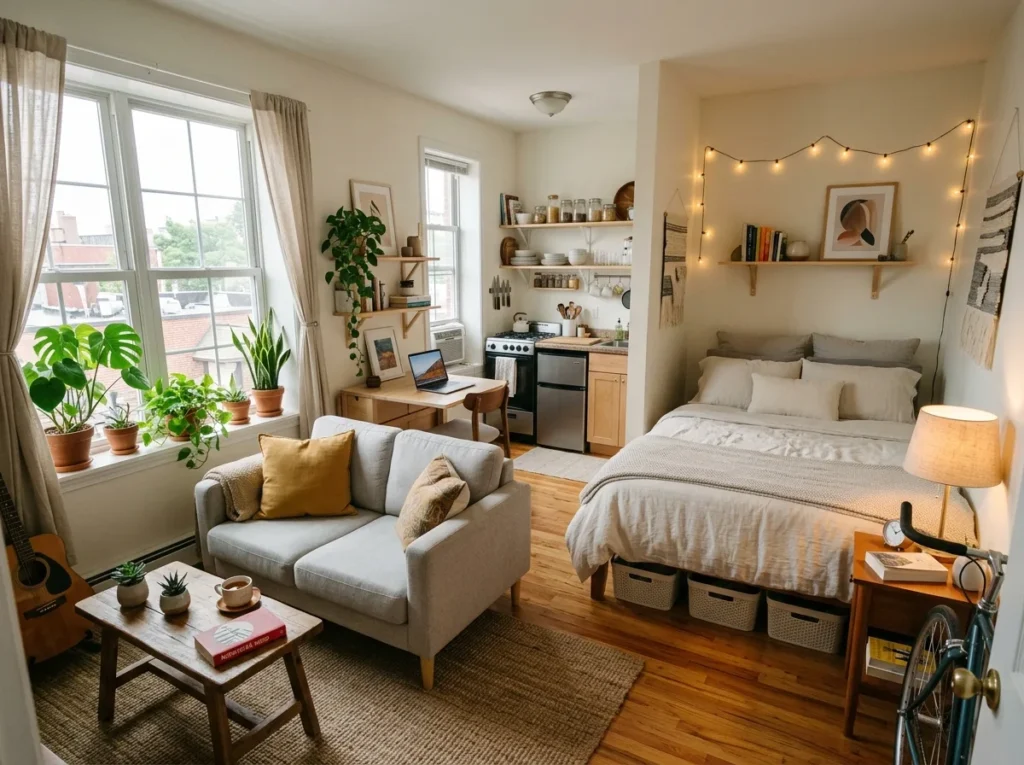 bright minimal studio apartment with open floor space and light colors