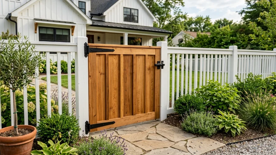 Cedar board-and-batten modern farmhouse gate with matte black hardware.