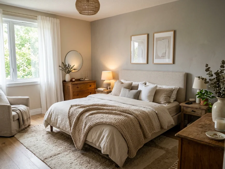 Couple bedroom with calm neutral colors and cozy modern decor.