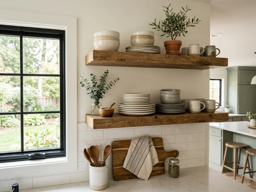floating shelves in an open kitchen design