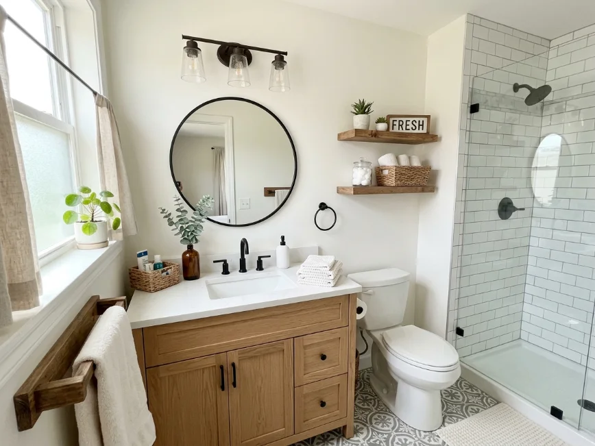 small bathroom painted warm white during makeover