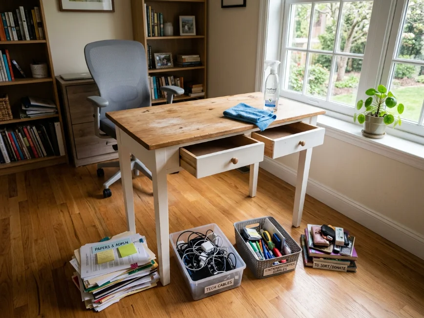 Small desk cleared off and cleaned before organizing.