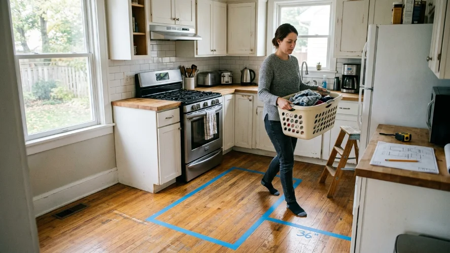Kitchen floor taped to test island size and traffic flow before installation.