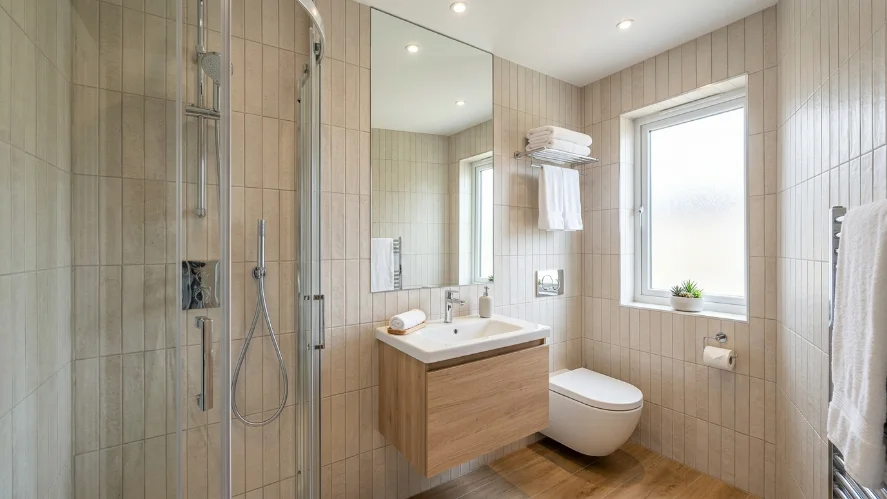 Tall frameless mirror in a small bathroom making the space feel larger and brighter.