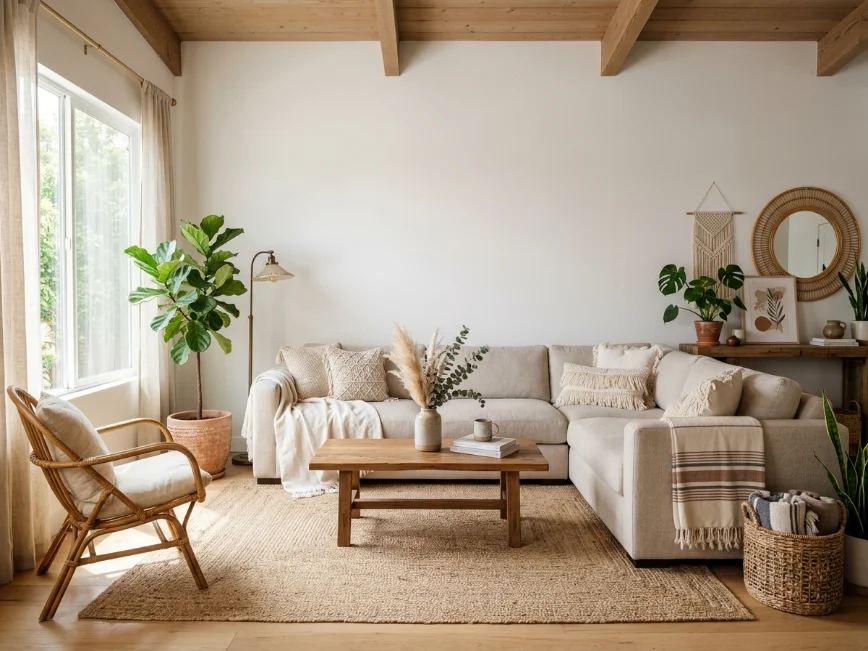 Neutral boho living room with beige sofa, white walls, layered textures, and warm earthy accents.