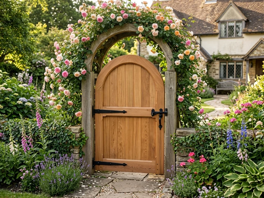 Arched-top wooden farmhouse gate with cottage-inspired landscaping.