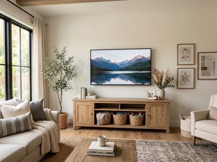 Cluttered television wall with small outdated media stand
