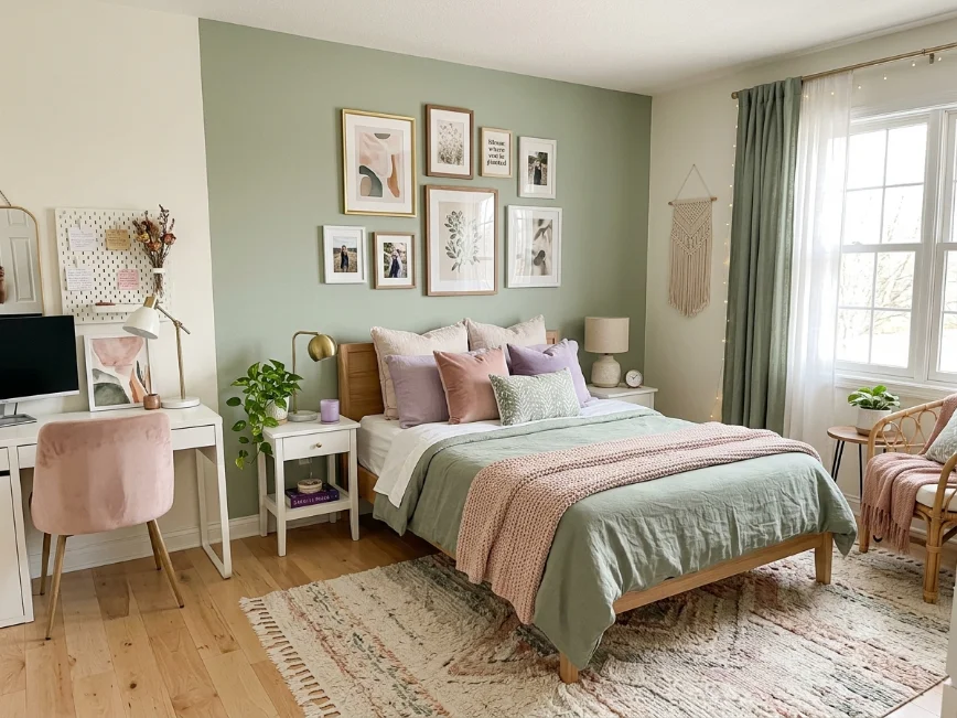 Teen girl bedroom with flexible neutral color palette featuring warm white walls and soft sage accents.