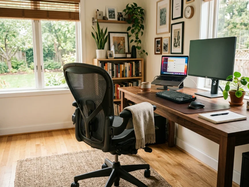 Ergonomic office chair with lumbar support in a comfortable home workspace.