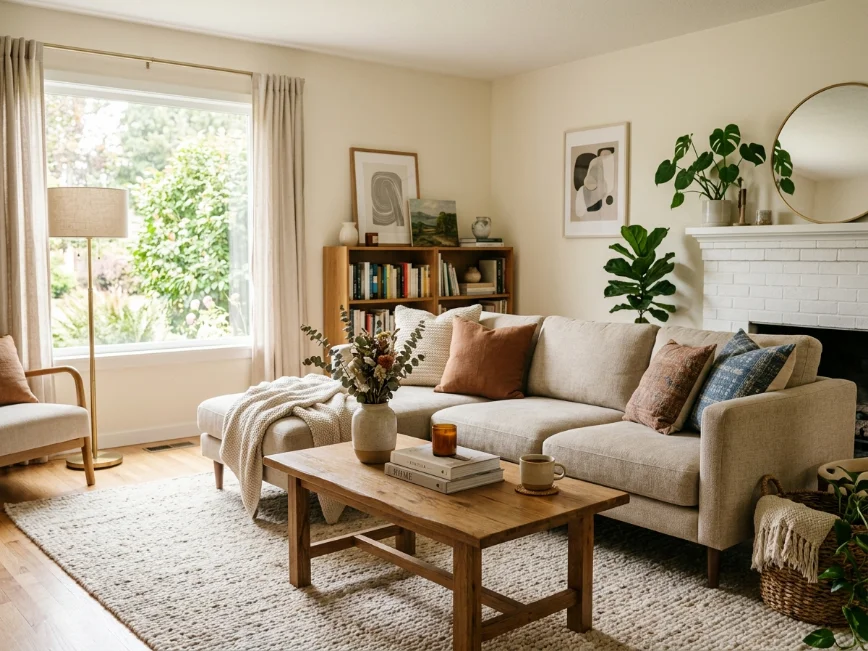 Warm white living room with soft cozy lighting and neutral decor.