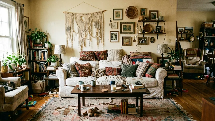 Overdecorated boho-inspired living room with mismatched furniture and clutter.