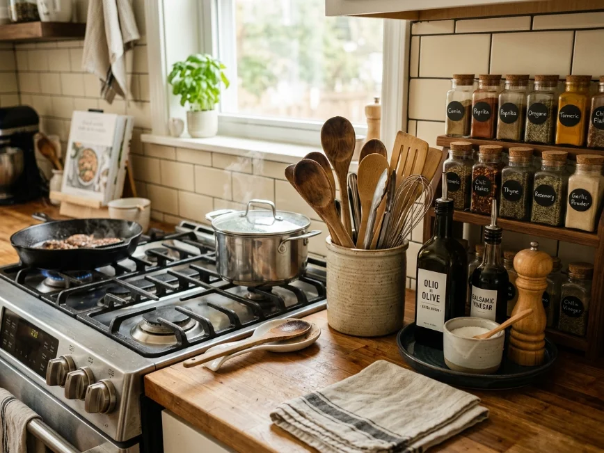 Cooking zone setup with oils, utensils, and spices organized near the stove.
