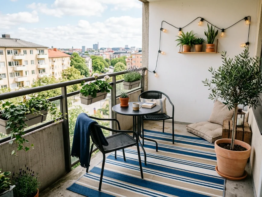  Outdoor rug defining a small apartment balcony space