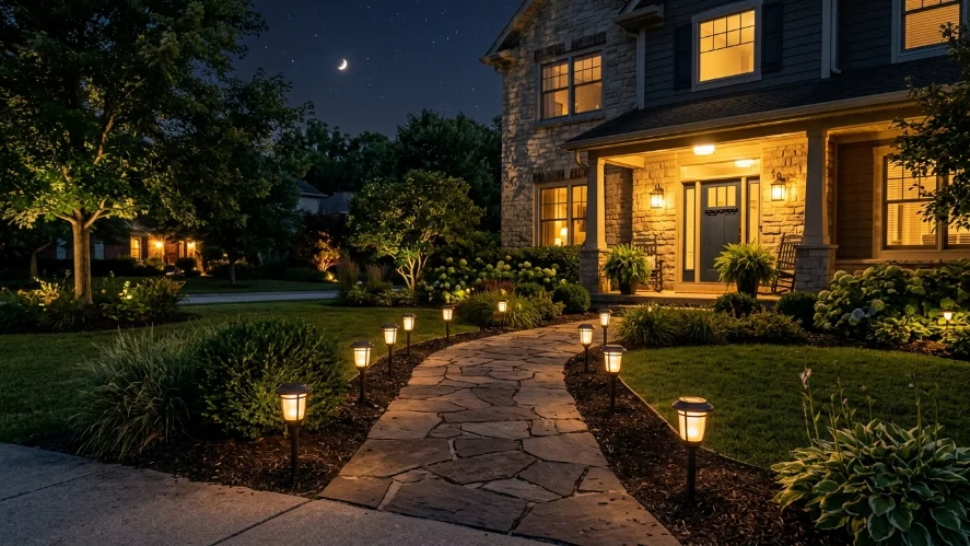 Solar path lights enhancing front yard curb appeal at night
