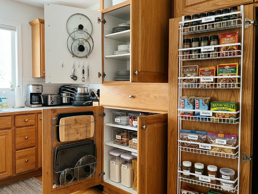 Kitchen cabinet doors used for extra storage with hooks and organizers.