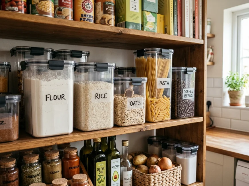 Dry pantry goods stored in clear labeled airtight containers.