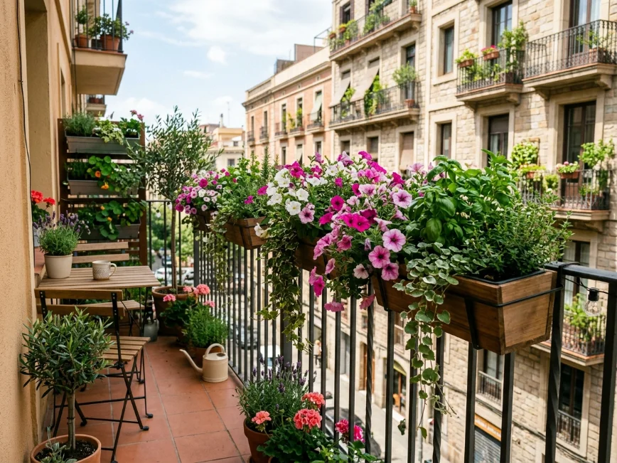 Vertical balcony garden with railing planter boxes