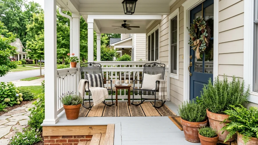 Stylish small front porch with rocking chairs and simple year-round decor