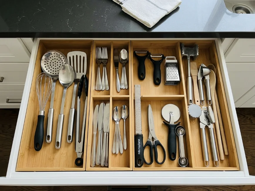 Organized kitchen drawer using bamboo dividers for utensils and tools.