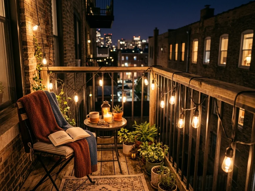 Warm string lights creating a cozy balcony atmosphere at night