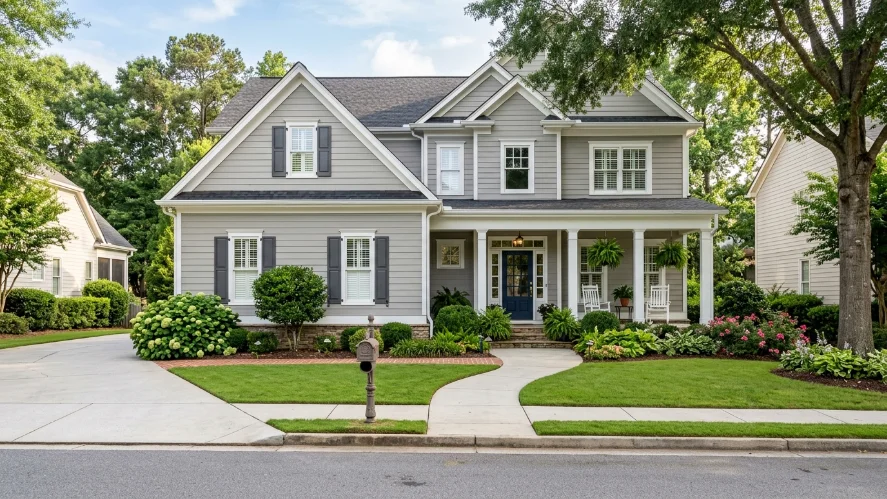 Neutral gray exterior paint option for humid southern homes