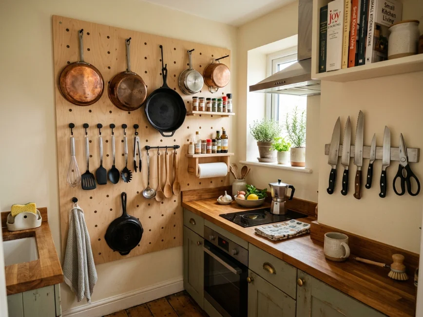 Vertical kitchen storage with pegboard, hanging pans, and magnetic knife strip.