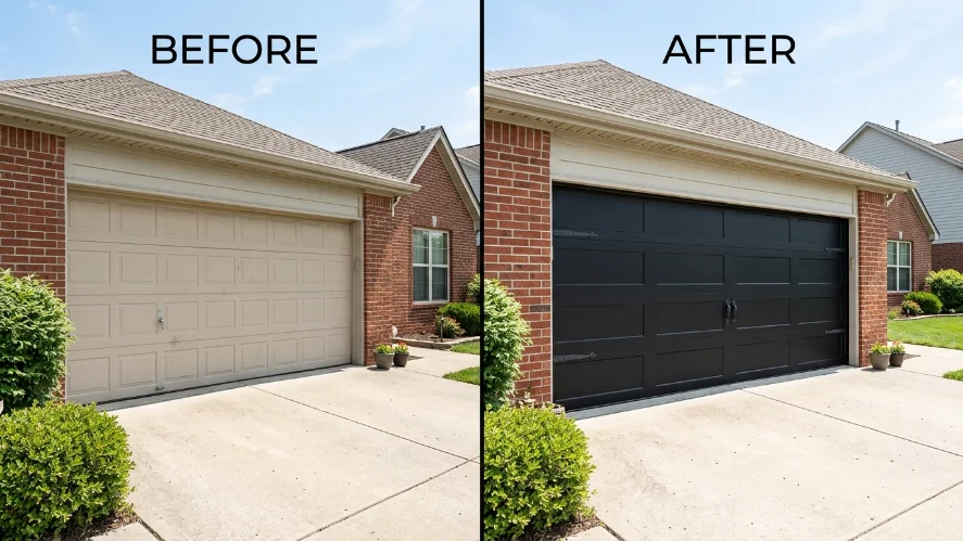 Budget-friendly black garage door makeover with decorative hardware