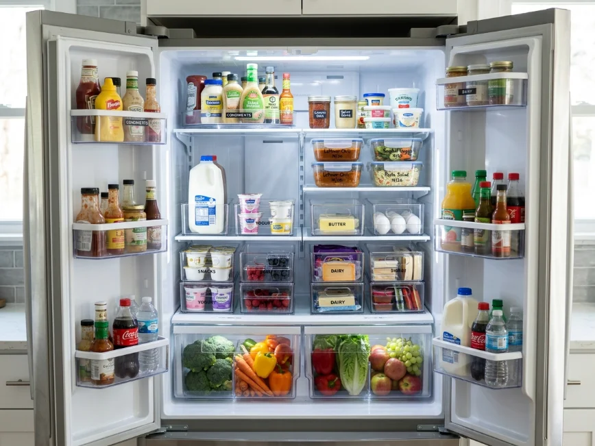Well-organized refrigerator with clear containers and grouped food storage.