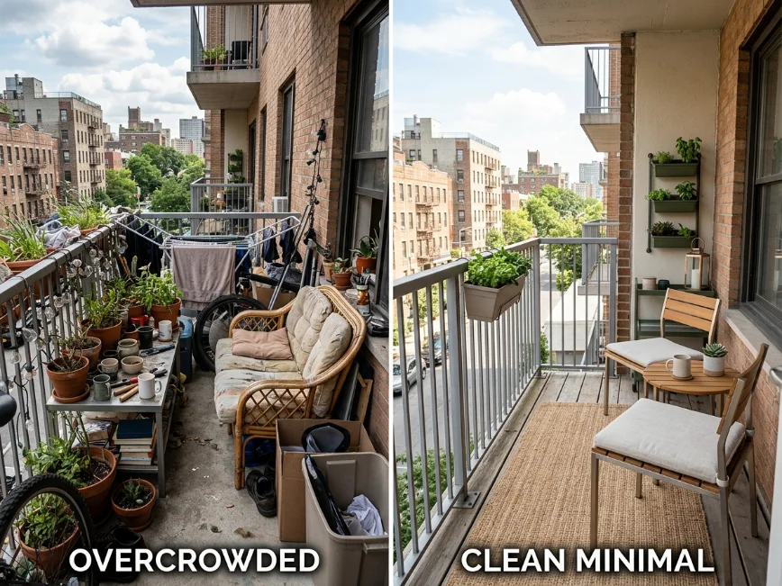 Weather-resistant outdoor pillows on a small balcony setup