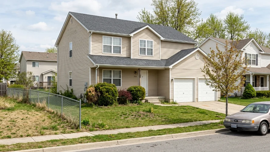 Neglected suburban front yard with beige siding and chain-link fence before modern farmhouse gate makeover.