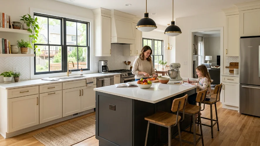 Modern suburban kitchen with a freestanding island replacing an outdated peninsula