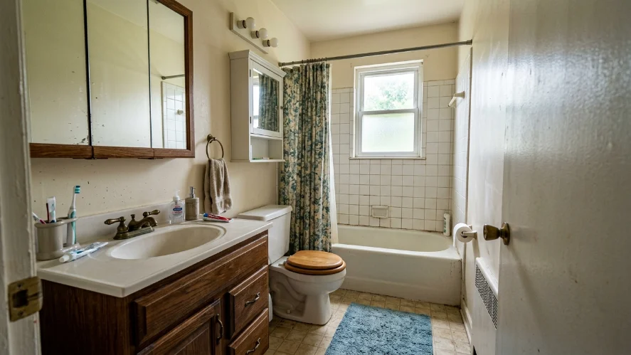 Small 5x8 bathroom before makeover in a suburban home with basic builder-grade fixtures.
