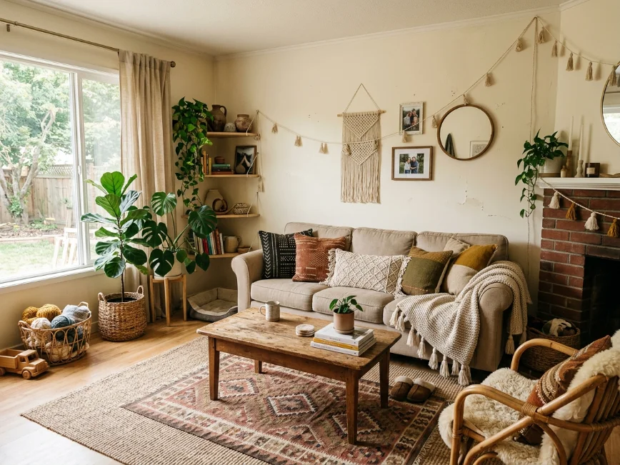 Early-stage boho living room with neutral furniture, textured decor, plants, and slightly cluttered styling in a suburban home.